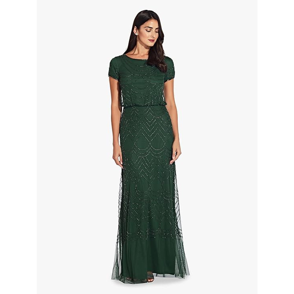 Adrianna Papell Beaded Formal Cocktail Emerald Green Ball Gown Fairycore Size 18